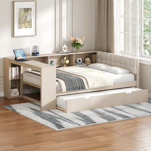Upholstered Headboard Platform Bed with Storage Shelves, Trundle, and Charging Station