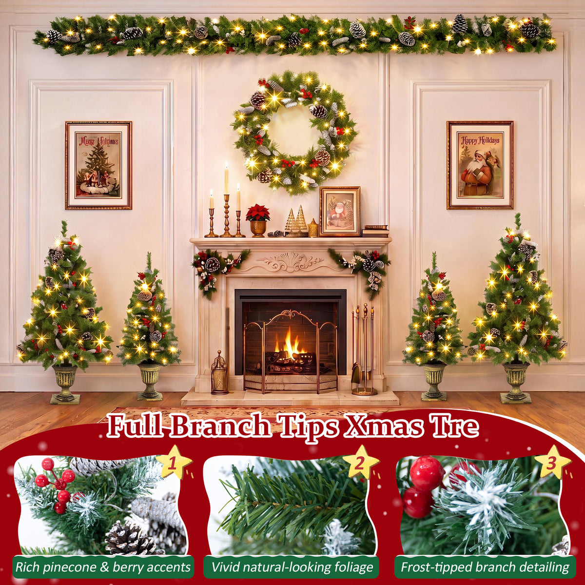 6-Piece Christmas Tree Set – 4 Trees with Sturdy Bases, 1 Pre-Lit Wreath, 1 Garland, Warm
