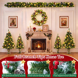 6-Piece Christmas Tree Set – 4 Trees with Sturdy Bases, 1 Pre-Lit Wreath, 1 Garland, Warm