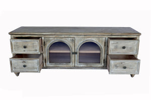 60" Farmhouse TV Stand with 4 Drawers & 2 Glass Doors