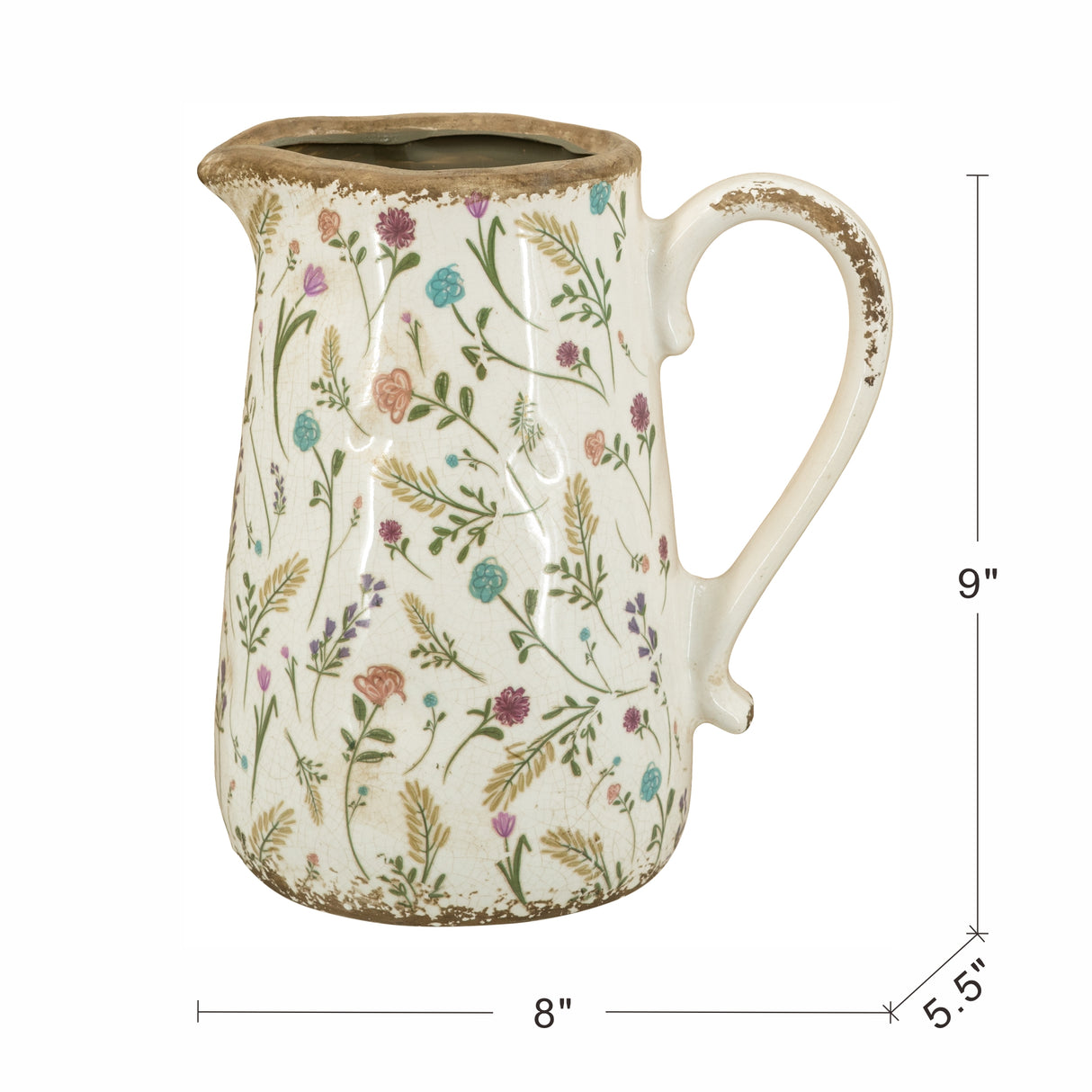 8.1x5.7x9.1" Round Ceramic Pitcher Vase with Multi-Colored Floral Motifs