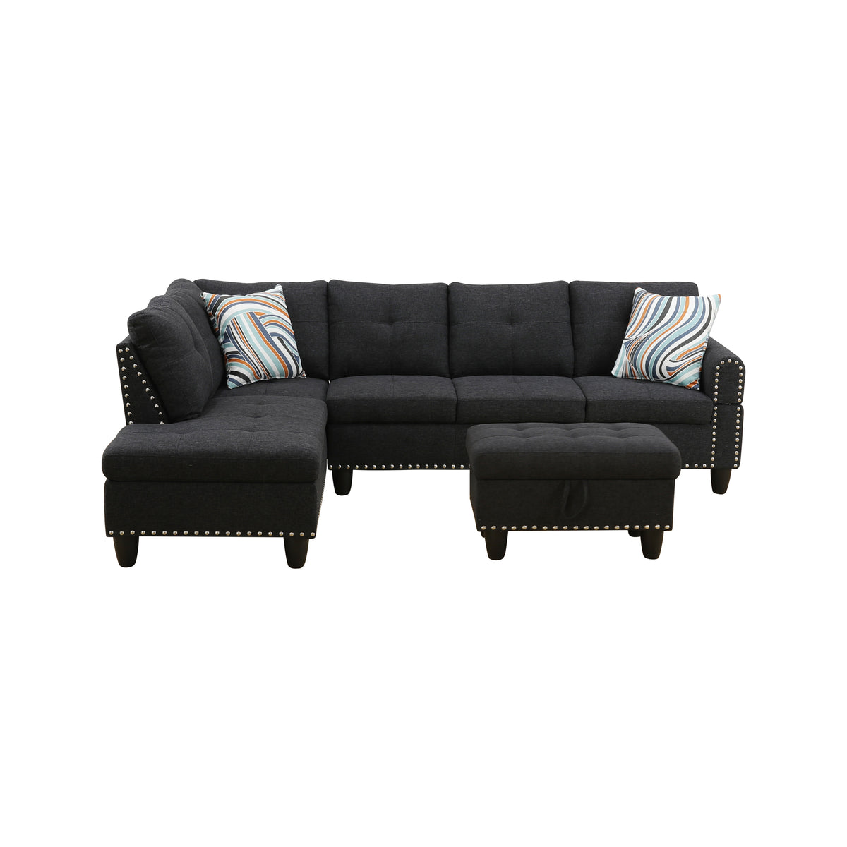 Reversible L-Shaped Sectional Couch with Storage Ottoman, Tufted