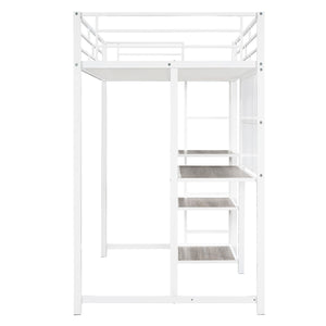 Metal Loft Bed With Desk, 3 Shelves And Ladder