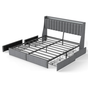 King Upholstered Bed Frame With 4 Storage Drawers, RGB LED Lights & USB / Type-C Charging Station