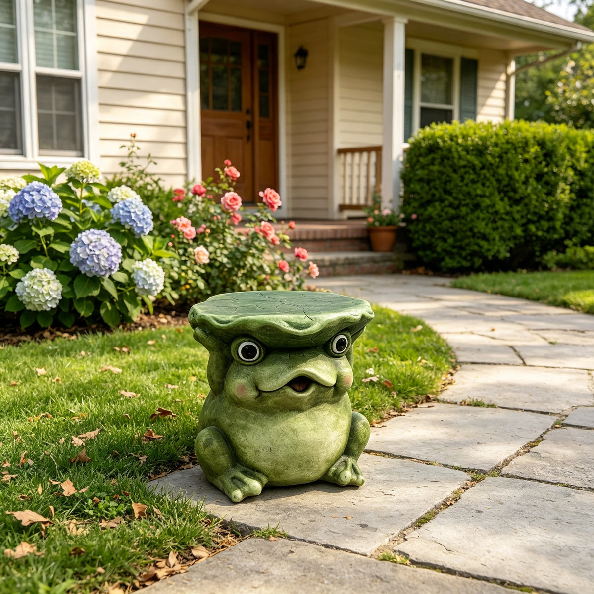 12'' Cute Frog Statue With Lotus Leaf Hat