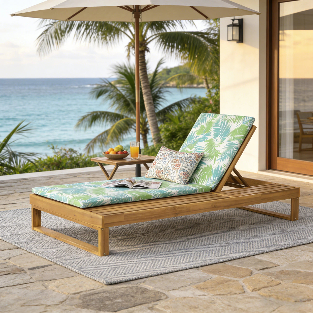 Teak Finish Acacia Wood Chaise Lounge with Leaf Coconut Cushion