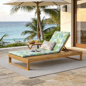 Teak Finish Acacia Wood Chaise Lounge with Leaf Coconut Cushion