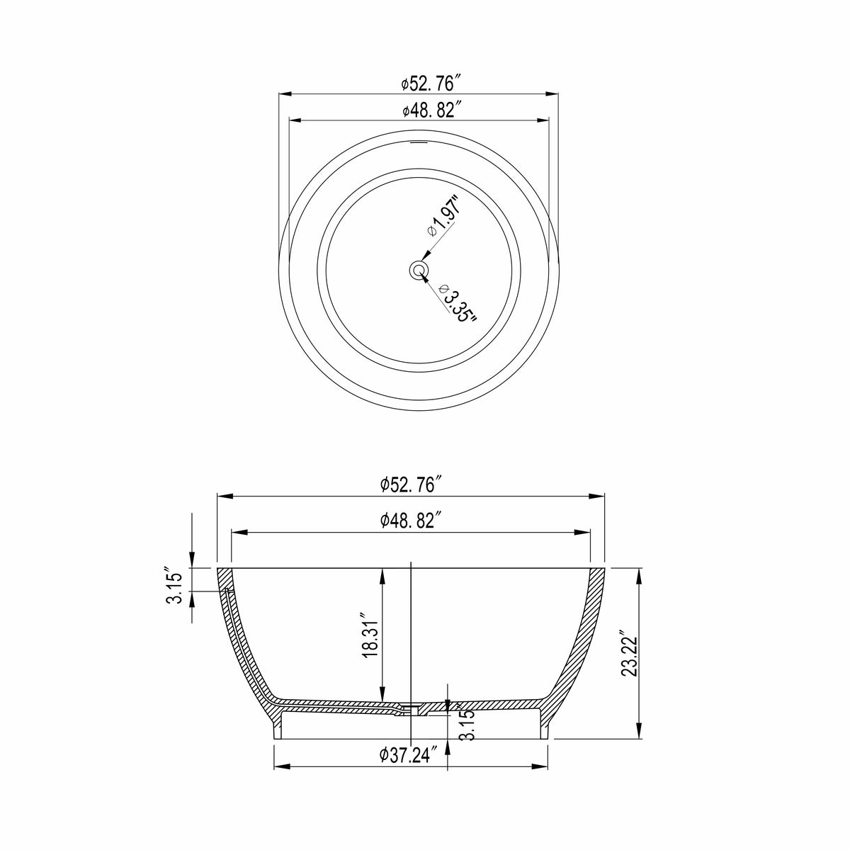 52.7 Inch Round Freestanding Solid Surface Soaking Bathtub