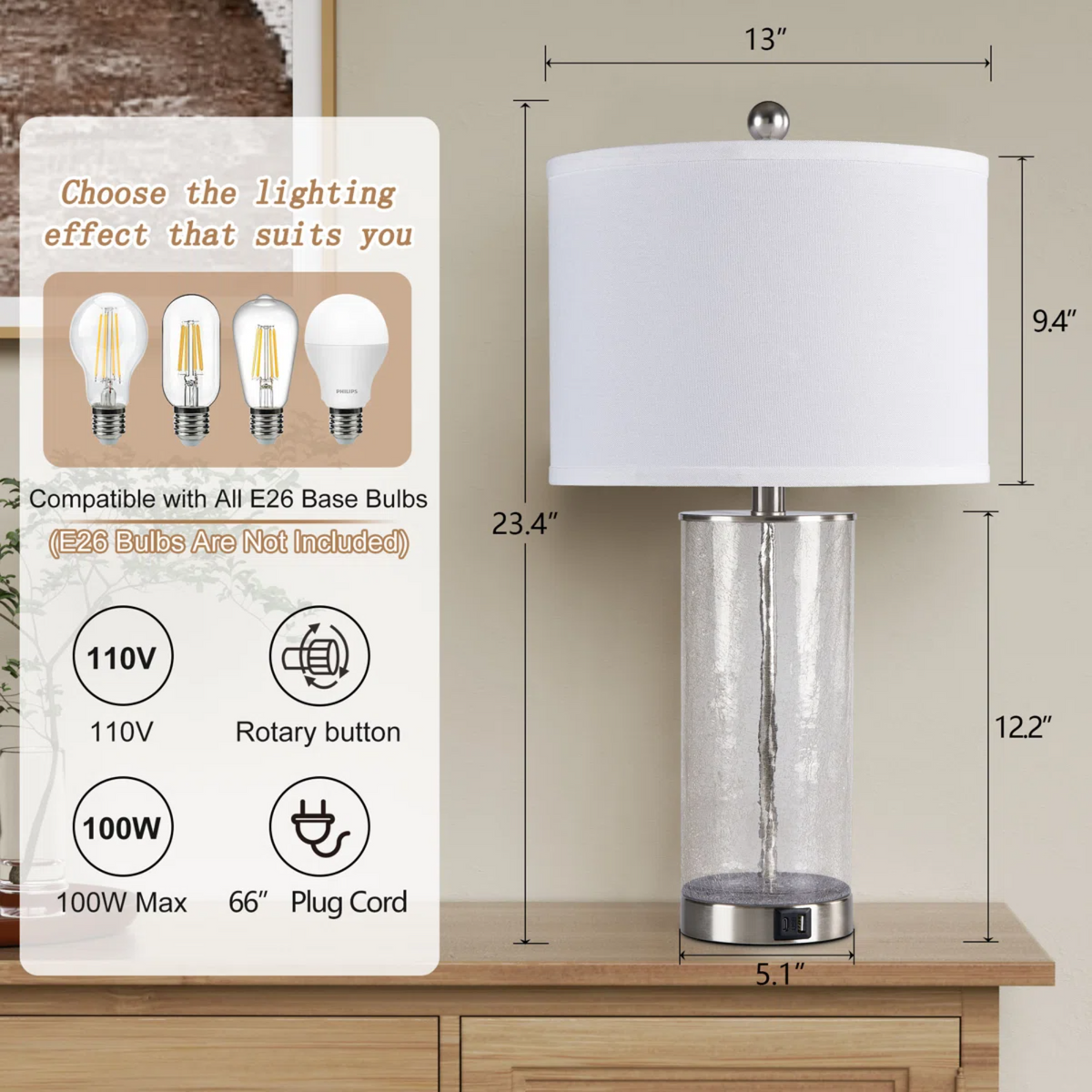 Modern Nickel Glass and Metal Table Lamp Set of 2 with USB, 23.25-Inch