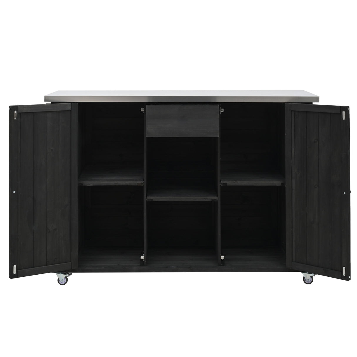 Outdoor Kitchen Island With Stainless Steel Top, Ample Storage Space, Towel And Spice Racks And A Bottle Opener