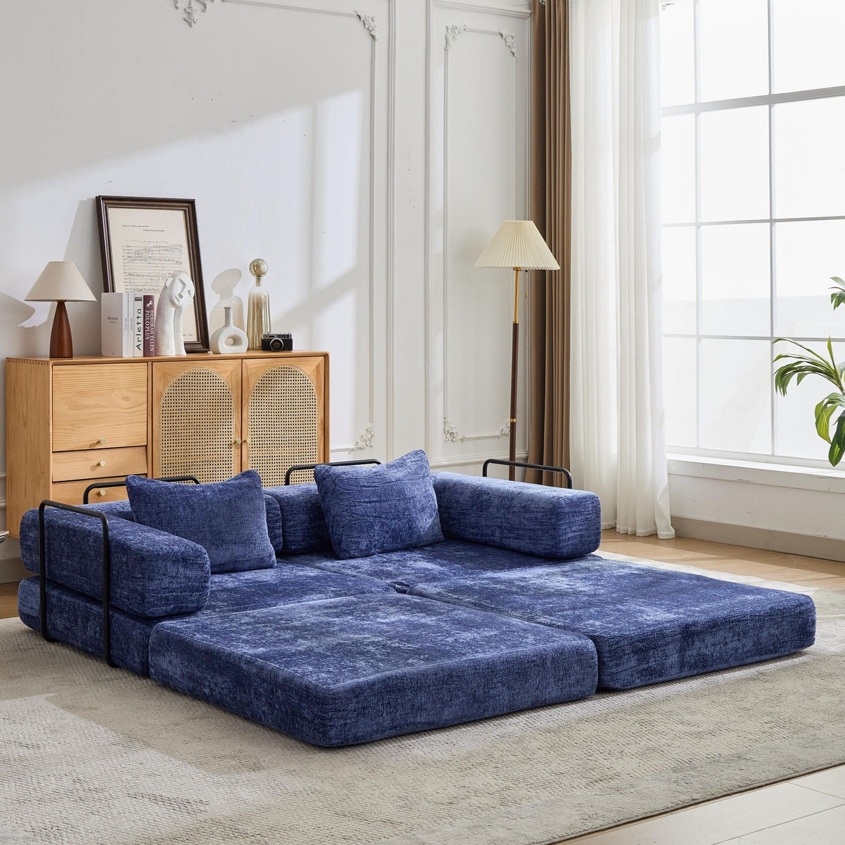 Convertible Floor Sofa Bed With Pillow Back Support Armrest