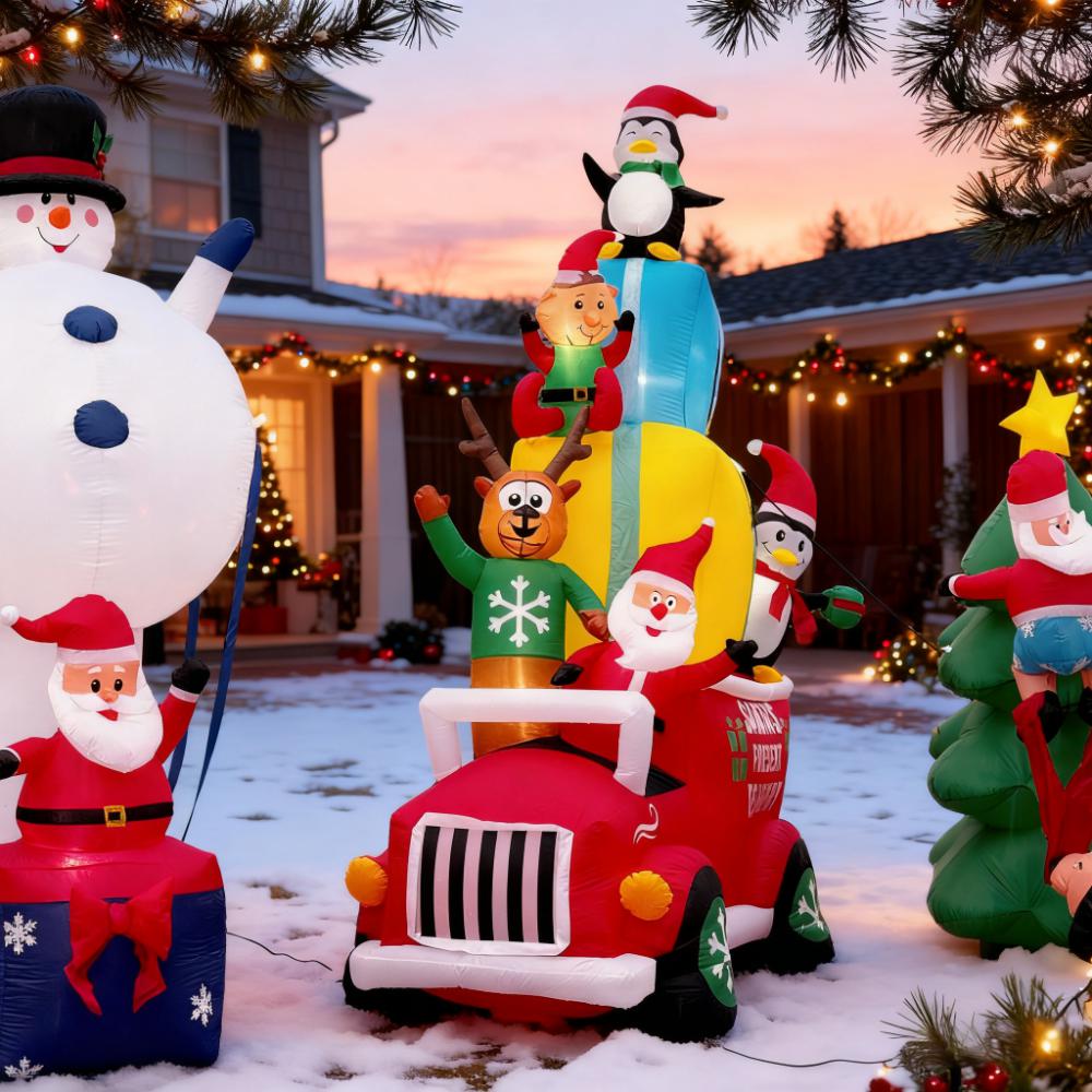 Inflatable Santa Gift Delivery Truck with Elf, Reindeer & Penguins