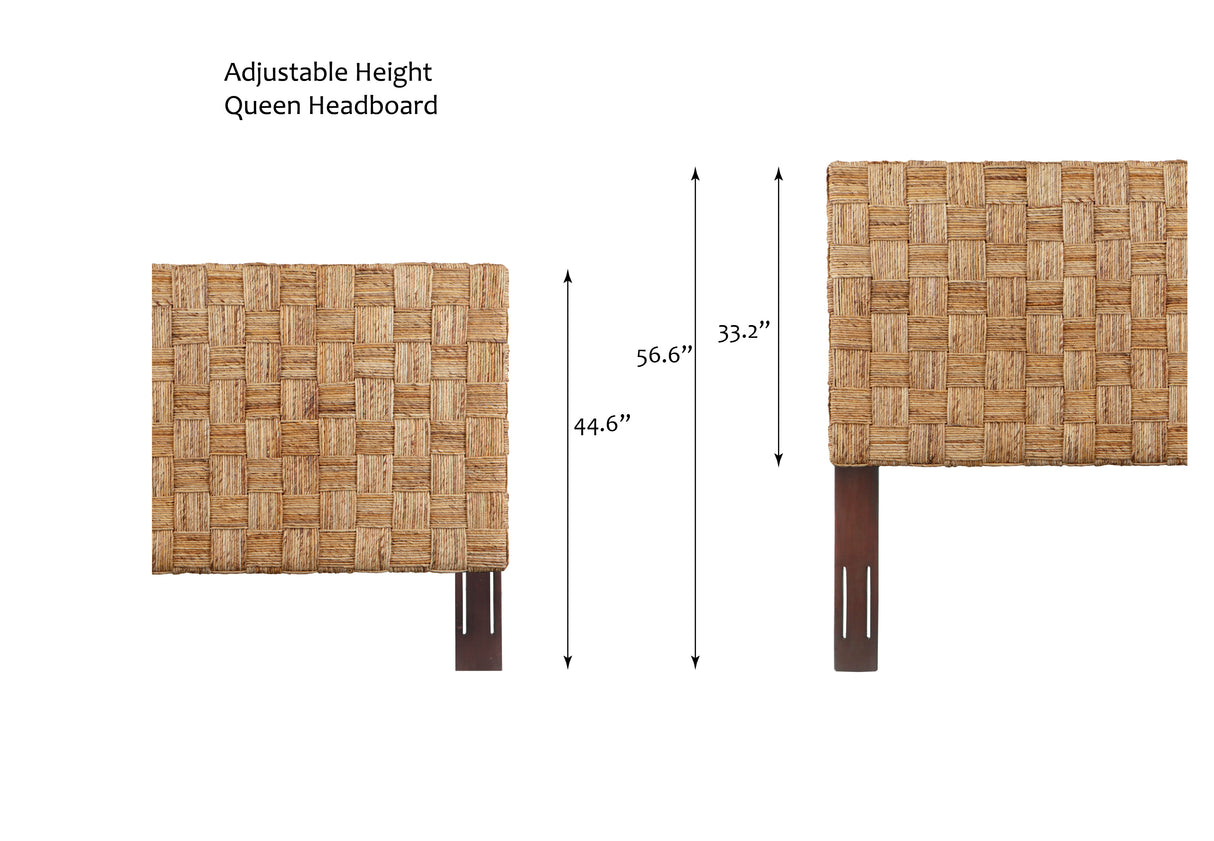 Queen Size Woven Rattan Adjustable-Height Headboard with Solid Mahogany Frame