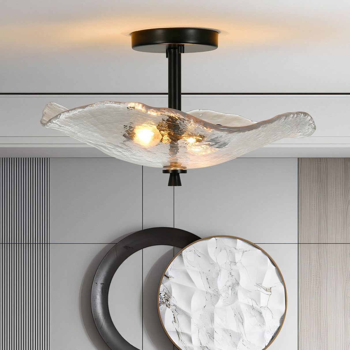Ceiling Light Fixtures Flush Mount Indoor Outdoor Ceiling Light with Water Ripple Glass Shade (Black)