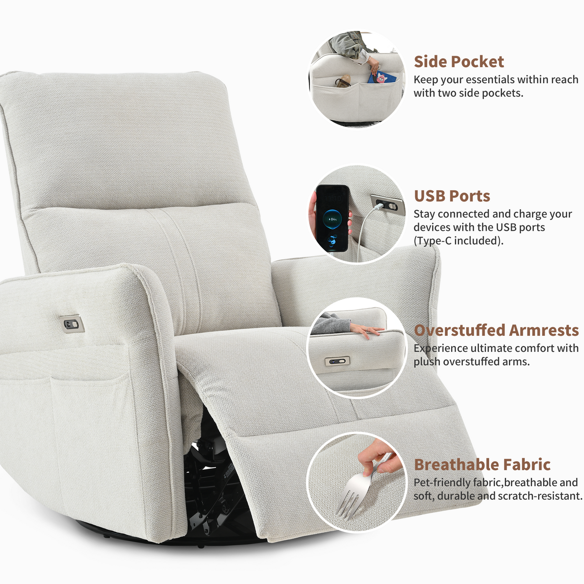 270° Power Swivel Rocker Recliner Chair, Light Gray
