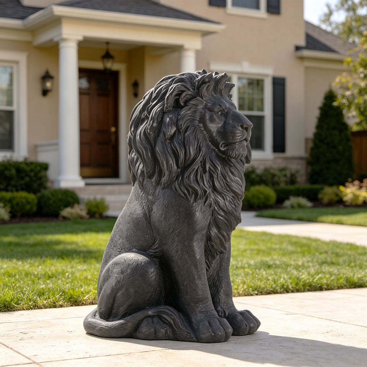 Elegant Sitting Lion Statue with Matte Black Finish - 20.67 Inches