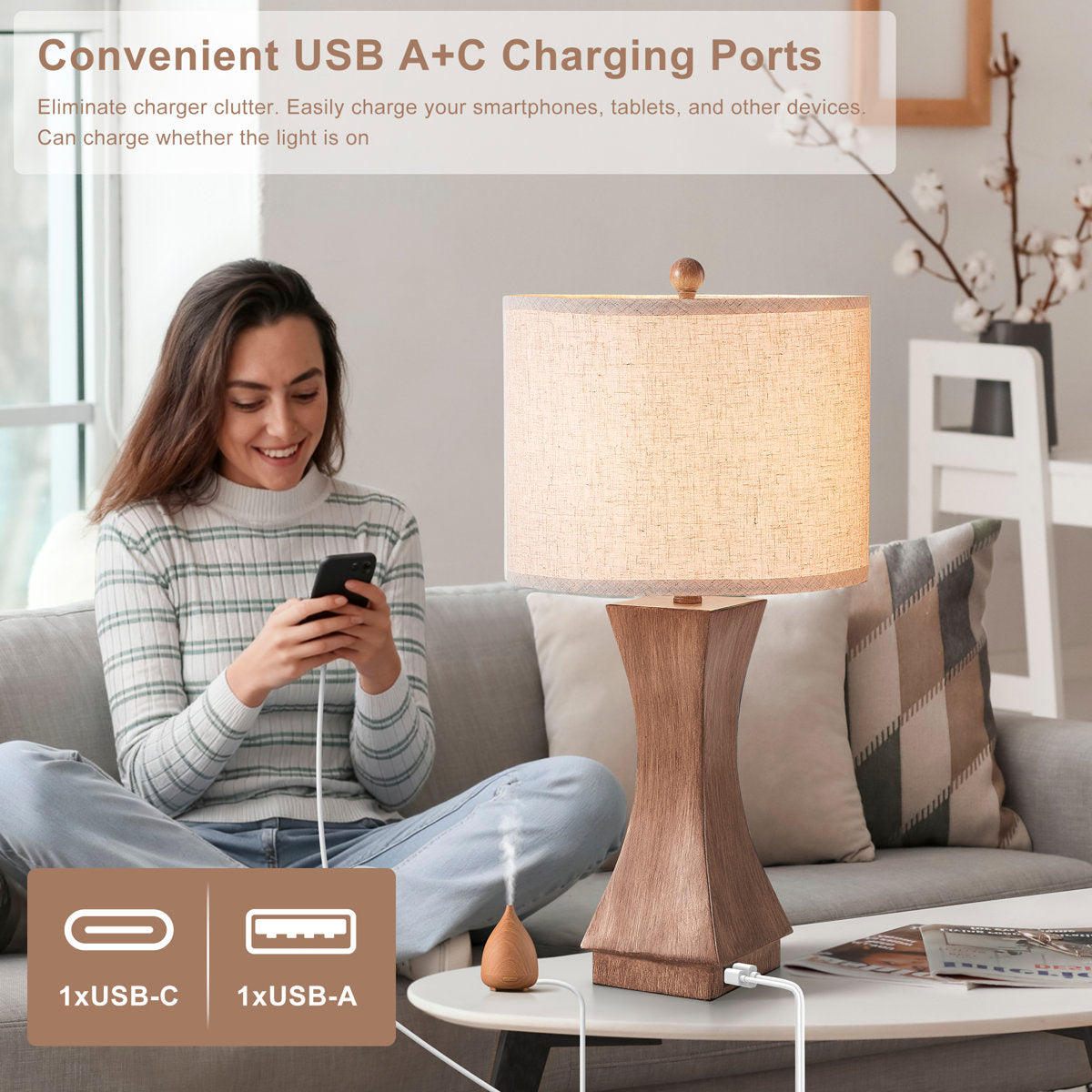 Modern Dimmable Resin Table Lamp with USB Port, 24-Inch, Brown, Set of 2