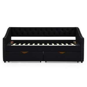 Upholstered Tufted Daybed With 2 Drawers, Waved Arms
