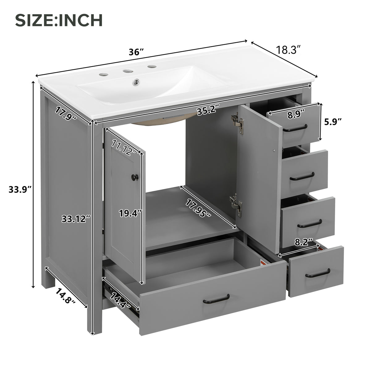 36" Gray Bathroom Vanity with Ceramic Sink Combo