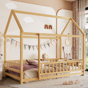Twin Size Floor Wooden Bed with House Roof Frame, Fence Guardrails