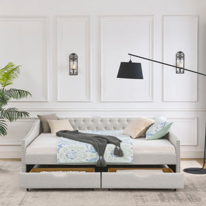 Upholstered Tufted Daybed With Drawers, Waved Arms