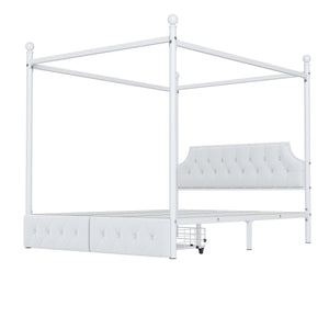 Queen Size Canopy Platform Bed With Upholstered Headboard And 2 Storage Drawers - White