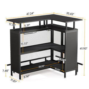 L Shaped Home Mini Bar Table With 2 Tier Shelves & Glass Racks - Black