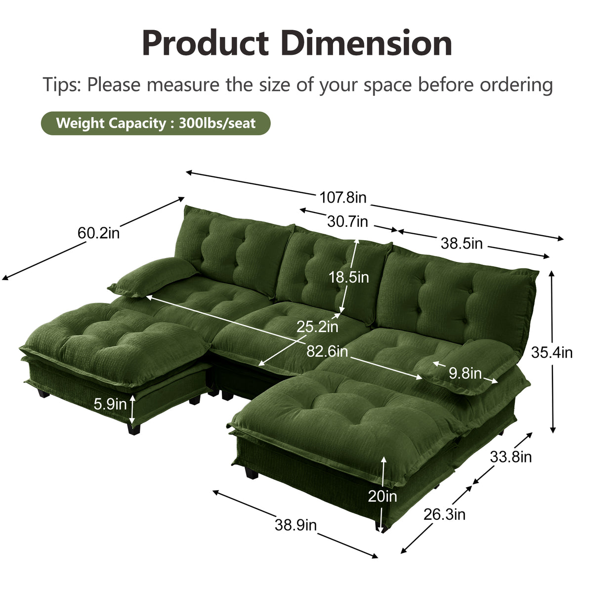 107" U Shaped Modern Sofa Modular Sectional Cloud Couch with Ottomans