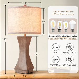 Modern Dimmable Resin Table Lamp with USB Port, 24-Inch, Brown, Set of 2