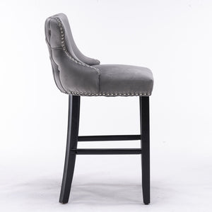 Contemporary Upholstered Wing-Back Barstools With Button Tufted Decoration And Wooden Legs, And Nailhead Trim, Leisure Style Bar Chairs, Bar Stools (Set of 2)
