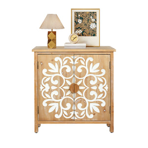 Rustic Wooden Accent Cabinet with Floral Carved Doors