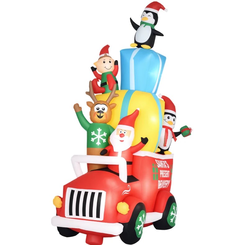 Inflatable Santa Gift Delivery Truck with Elf, Reindeer & Penguins