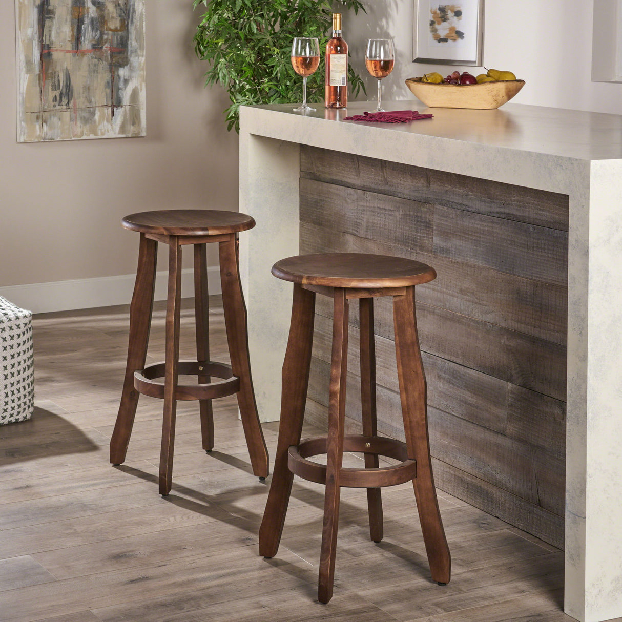 Primrose - Outdoor Acacia Wood Barstools With Foot Rest, (Set of 2) - Dark Brown