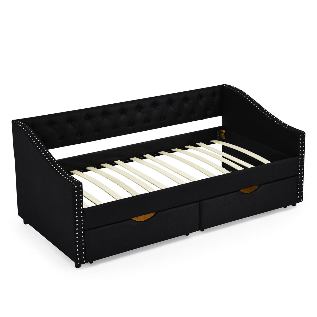 Upholstered Tufted Daybed With 2 Drawers, Waved Arms