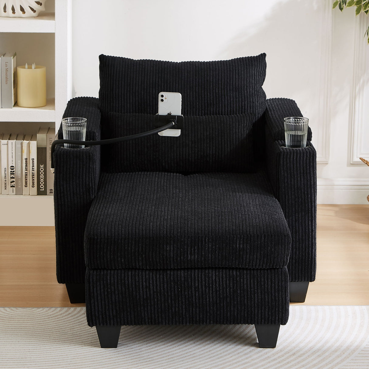 Convertible Chaise Lounge Sofa Chair With USB Ports, Cup Holders, Phone Holder And Storage