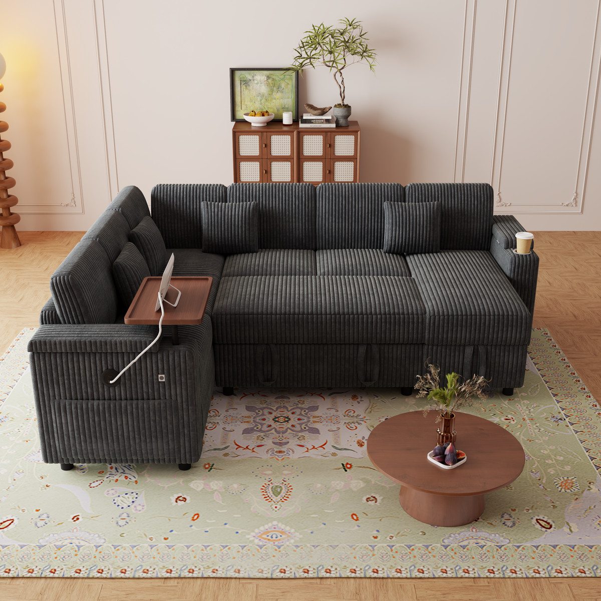 100-Inch Pull-Out Sofa with USB Ports and Cup Holder