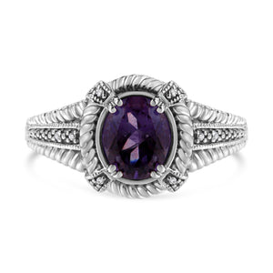 .925 Sterling Silver Prong Set Natural Oval Shape 9X7 MM Purple Amethyst Solitaire and Diamond Accent Ring (I-J Color, I1-I2 Clarity) - Ring Size 7