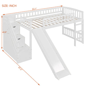 Loft Stairway Bed With 2 Drawers, Convertible Ladder And Slide