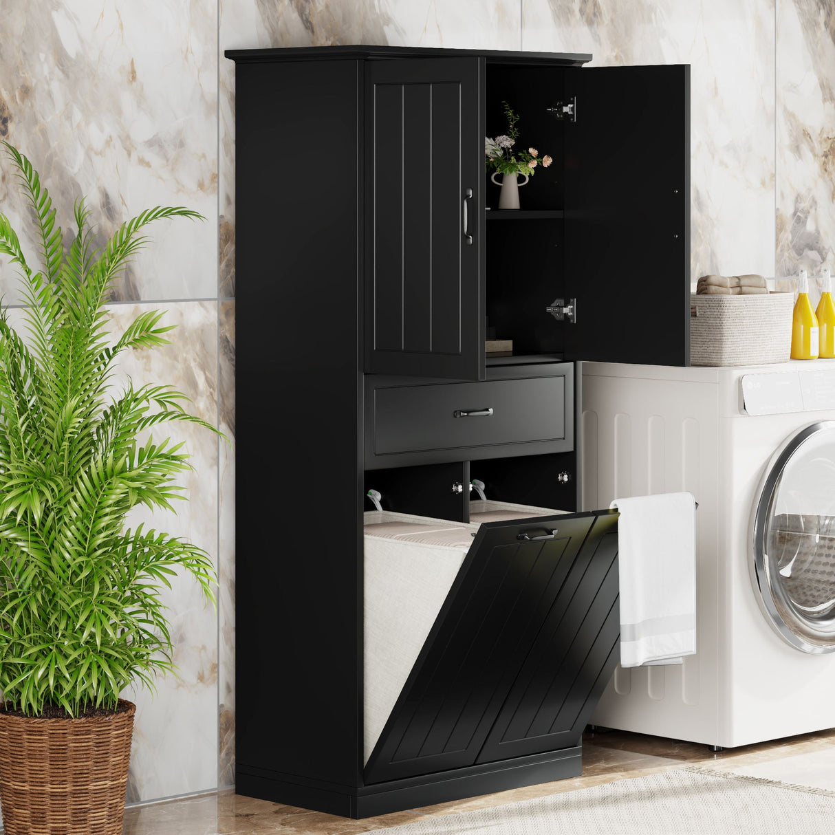 Modern Bathroom Storage Cabinet With Two Laundry Baskets, One Drawer, Adjustable Shelf - Best Buy Furniture