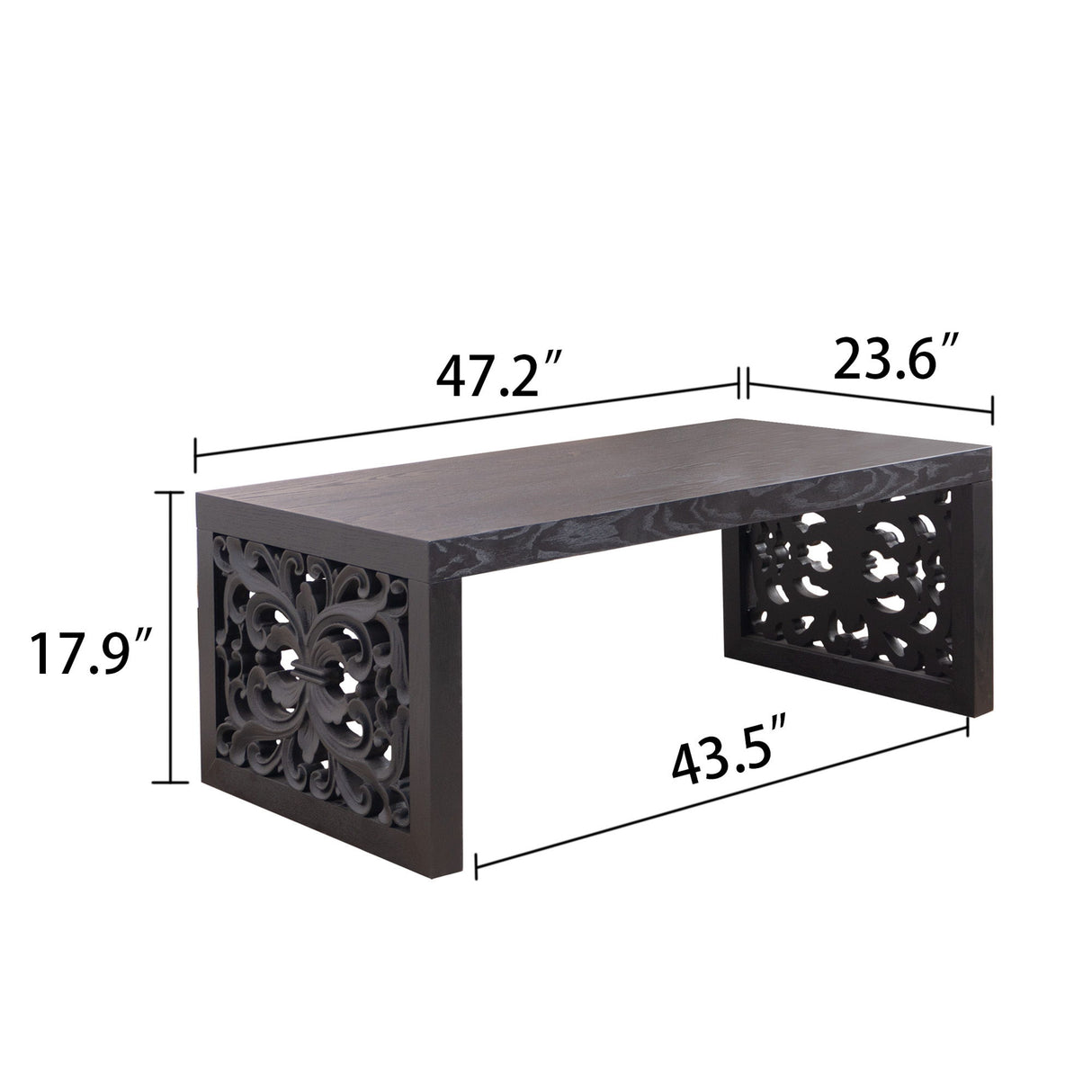Rustic Carved Wood Coffee Table, Handcrafted Look With Ornate Side Panels