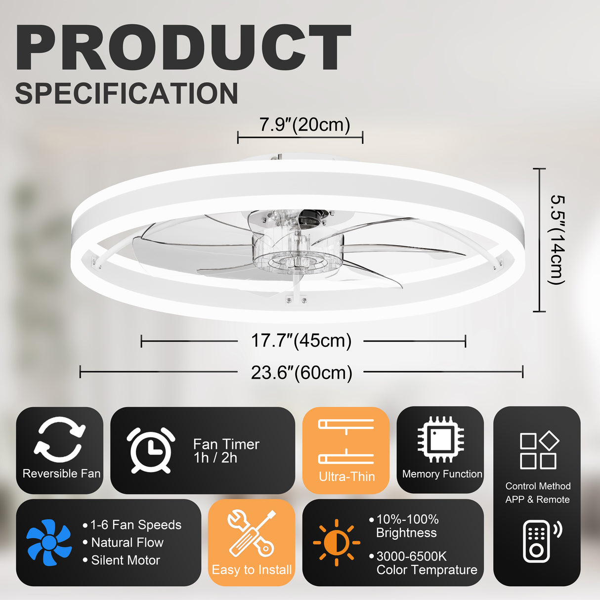 23.6 Inch Ceiling Fan with Light, Quiet DC Motor, Dimmable 3-Color LED