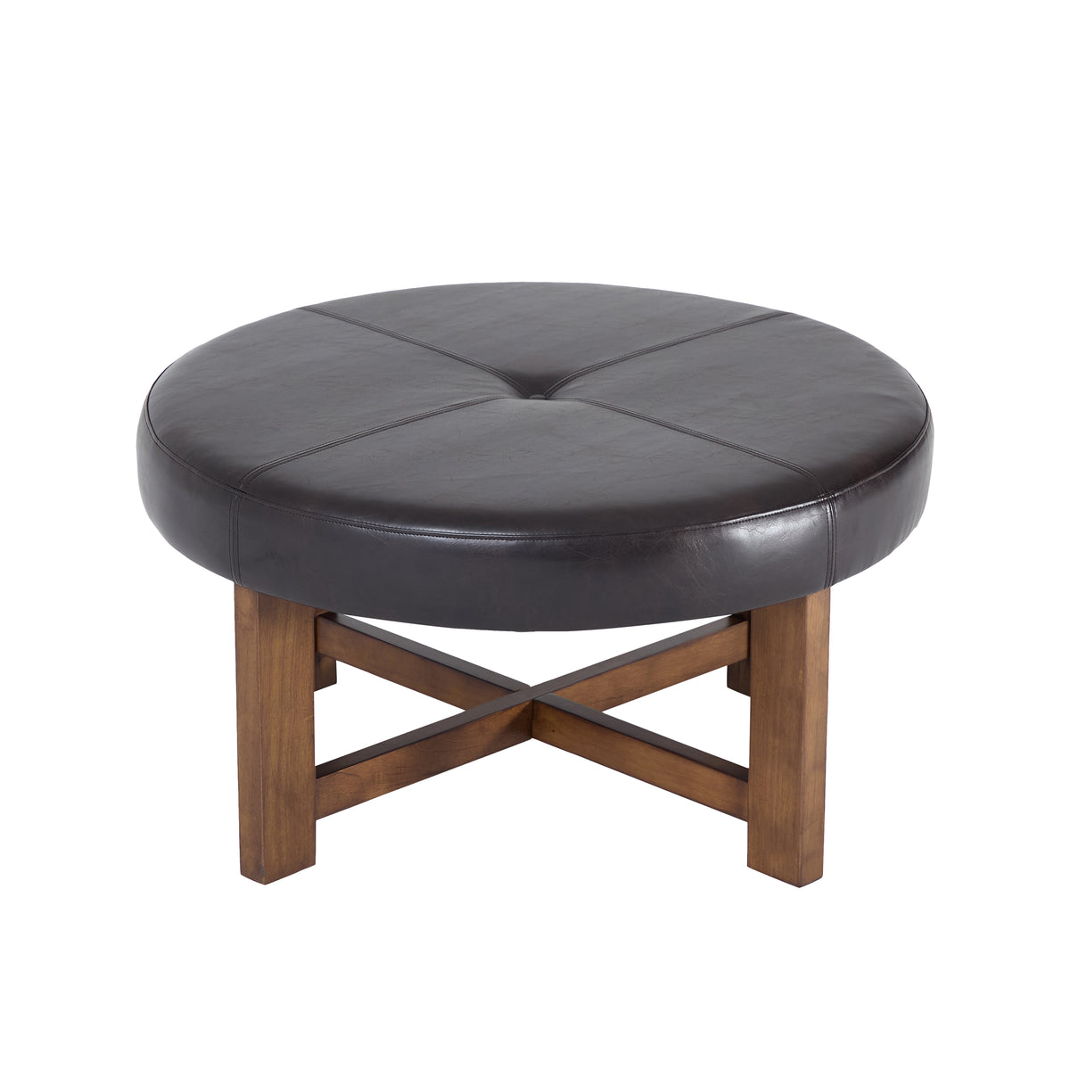 Round Leather Ottoman Coffee Table with Solid Wood Base