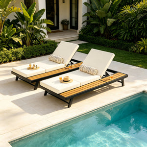 Black Iron + Teak Finish Chaise Lounge Set with Dark Frame