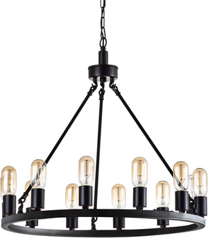 24.2" Wagon Wheel Chandelier, 12-Light, Black Metal