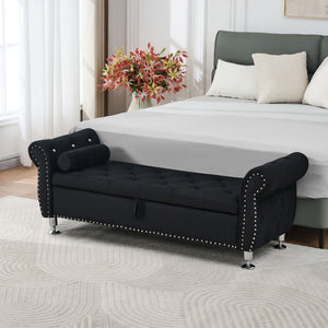 Storage Bench With Crystal Buttons And 1 Pillow For Bedroom