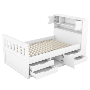 Captain Platform Bed Frame With Storage Bookcases, Shelves, And 4 Drawers