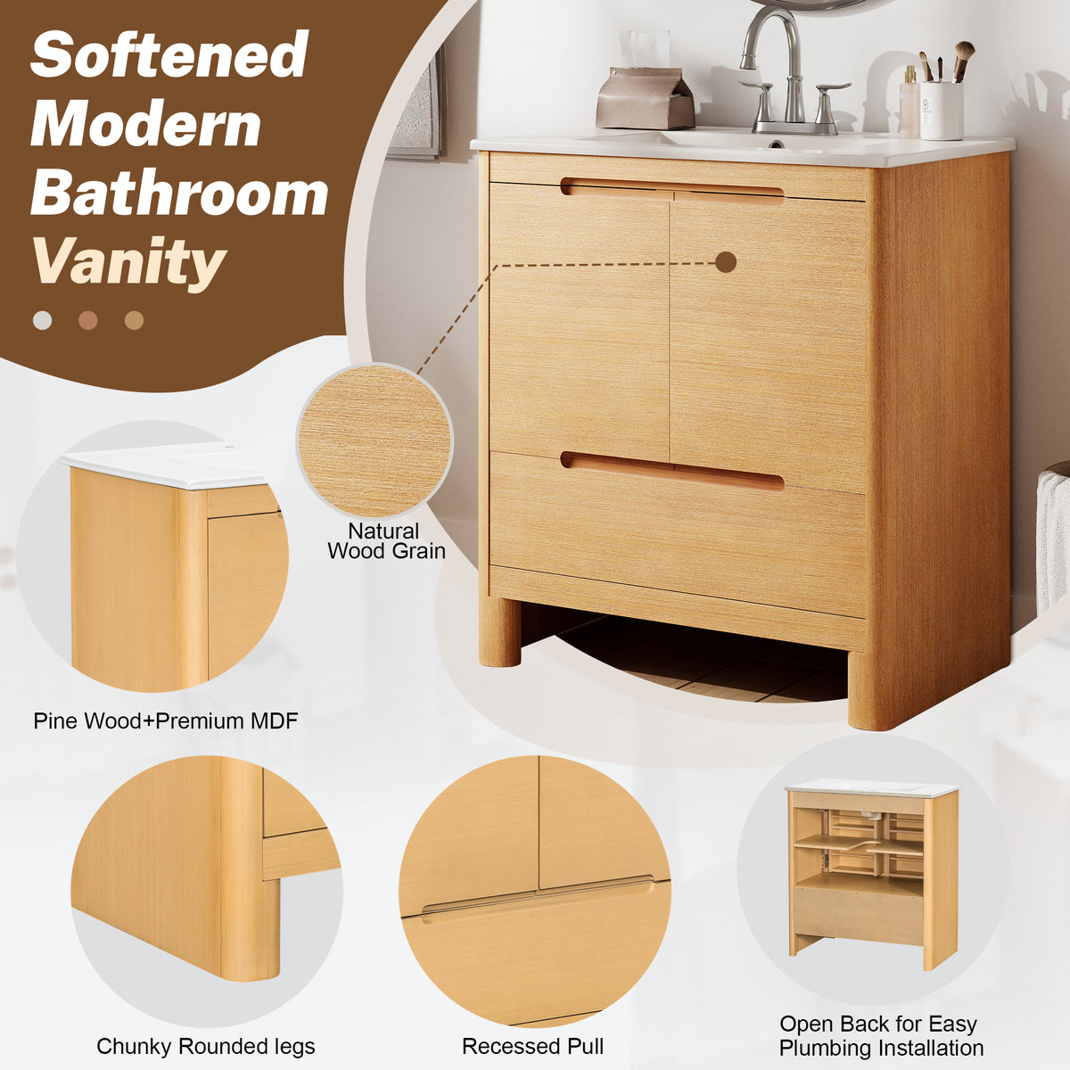 30" Softened Modern Bathroom Vanity with Ceramic Sink