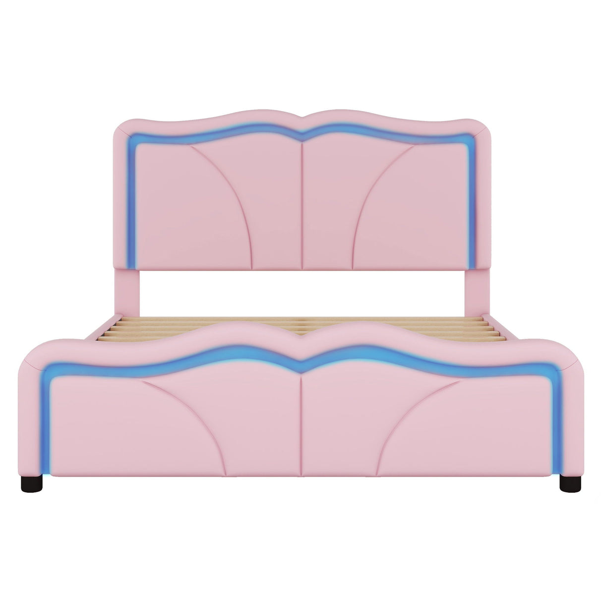 Upholstered Platform Bed & Curve Shaped And Height Adjustable Headboard, LED Light Strips