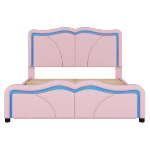 Upholstered Platform Bed & Curve Shaped And Height Adjustable Headboard, LED Light Strips