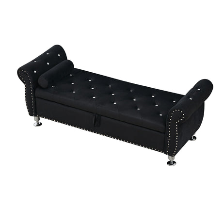 Storage Bench With Crystal Buttons And 1 Pillow For Bedroom